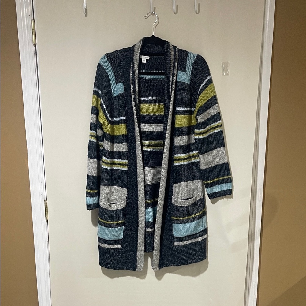 J. Jill Wool Blend Navy and Gray Striped Sweater Cardigan Size Medium Like New